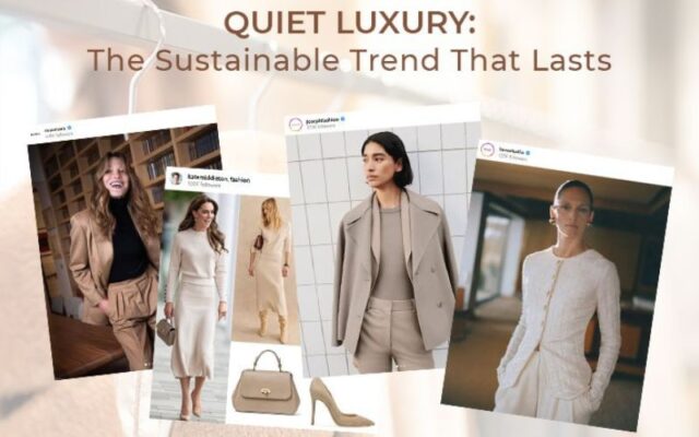 Model wearing minimalist, high-quality tailored fashion in neutral tones exemplifying 2025’s quiet luxury aesthetic.