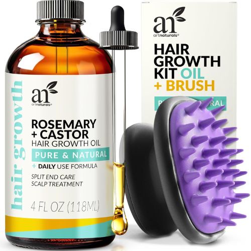ArtNaturals Organic Rosemary & Castor Hair Growth Oil + Scalp Massager Set – 4 oz – Natural Hair Oil with Coconut & Olive Oils for Dry, Damaged Hair & Split Ends 3 Hair Growth Oil