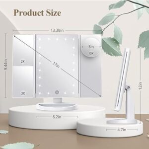 HUONUL Trifold Lighted Makeup Mirror – 2X, 3X, 10X Magnification, Touch Control, Portable LED Vanity Mirror with Dual Power Supply 13 dual power makeup mirror