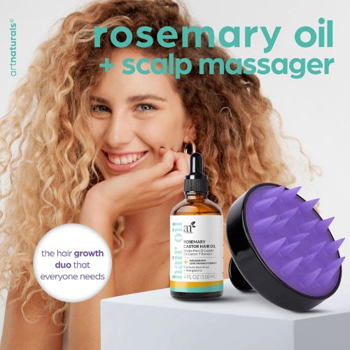 ArtNaturals Organic Rosemary & Castor Hair Growth Oil + Scalp Massager Set – 4 oz – Natural Hair Oil with Coconut & Olive Oils for Dry, Damaged Hair & Split Ends 6 hair care set