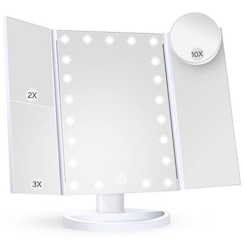 HUONUL Trifold Lighted Makeup Mirror – 2X, 3X, 10X Magnification, Touch Control, Portable LED Vanity Mirror with Dual Power Supply 3 lighted makeup mirror