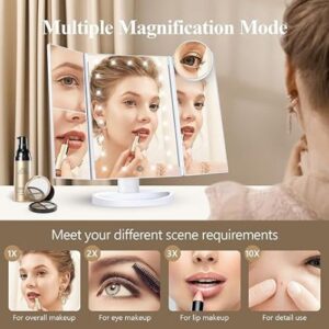 HUONUL Trifold Lighted Makeup Mirror – 2X, 3X, 10X Magnification, Touch Control, Portable LED Vanity Mirror with Dual Power Supply 10 magnifying makeup mirror