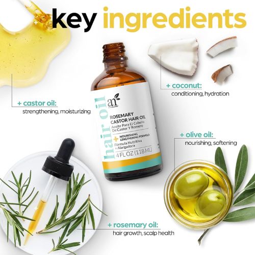 ArtNaturals Organic Rosemary & Castor Hair Growth Oil + Scalp Massager Set – 4 oz – Natural Hair Oil with Coconut & Olive Oils for Dry, Damaged Hair & Split Ends 4 rosemary castor oil