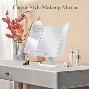 HUONUL Trifold Lighted Makeup Mirror – 2X, 3X, 10X Magnification, Touch Control, Portable LED Vanity Mirror with Dual Power Supply 12 trifold vanity mirror